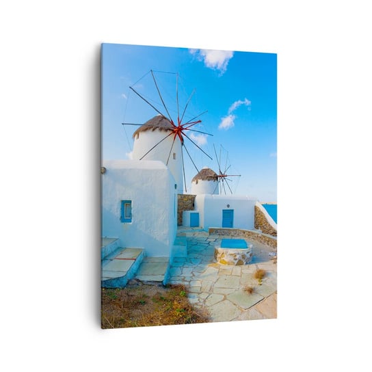 Obraz na płótnie - Błękitny wiatr od morza - 70x100cm - Architektura Krajobraz Grecja - Nowoczesny foto obraz w ramie do salonu do sypialni ARTTOR ARTTOR