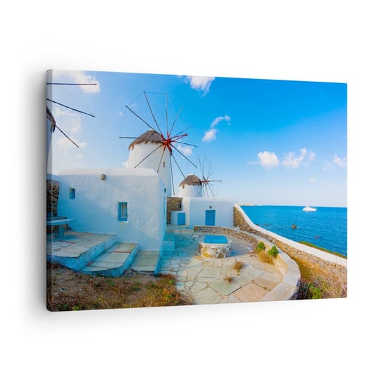 Obraz na płótnie - Błękitny wiatr od morza - 70x50cm - Architektura Krajobraz Grecja - Nowoczesny Canvas obraz do salonu do sypialni ARTTOR ARTTOR
