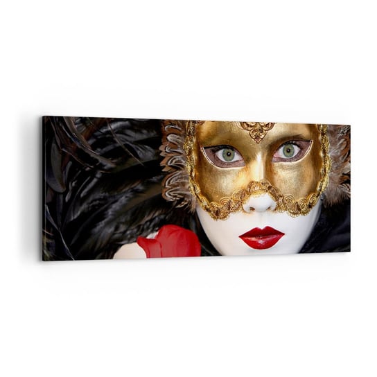 Obraz na płótnie - Bo życie to wielki bal - 120x50cm - Maska Róża Czerwone Usta - Nowoczesny obraz na ścianę do salonu do sypialni ARTTOR ARTTOR