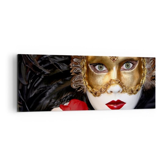 Obraz na płótnie - Bo życie to wielki bal - 140x50cm - Maska Róża Czerwone Usta - Nowoczesny Canvas obraz do salonu do sypialni ARTTOR ARTTOR