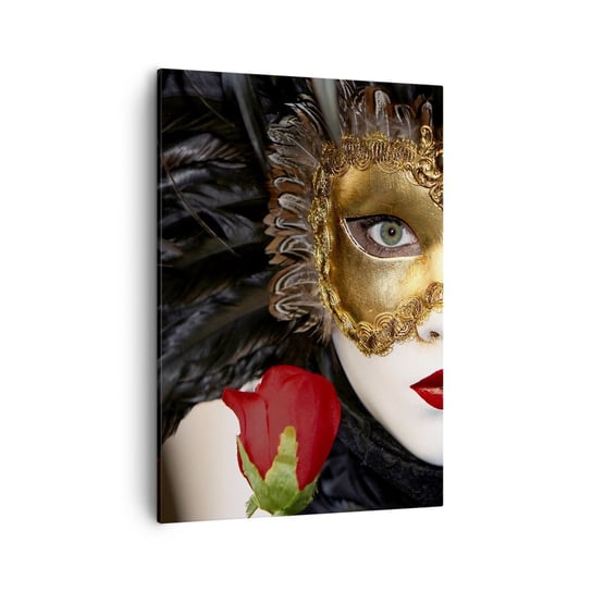 Obraz na płótnie - Bo życie to wielki bal - 50x70cm - Maska Róża Czerwone Usta - Nowoczesny Canvas obraz do salonu do sypialni ARTTOR ARTTOR