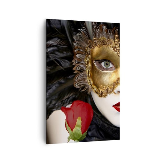 Obraz na płótnie - Bo życie to wielki bal - 80x120cm - Maska Róża Czerwone Usta - Nowoczesny obraz na ścianę do salonu do sypialni ARTTOR ARTTOR