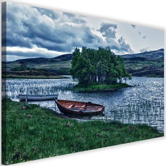Obraz na płótnie Canvas FEEBY, Łodzie na brzegu górskiego jeziora, 120x80 cm Feeby