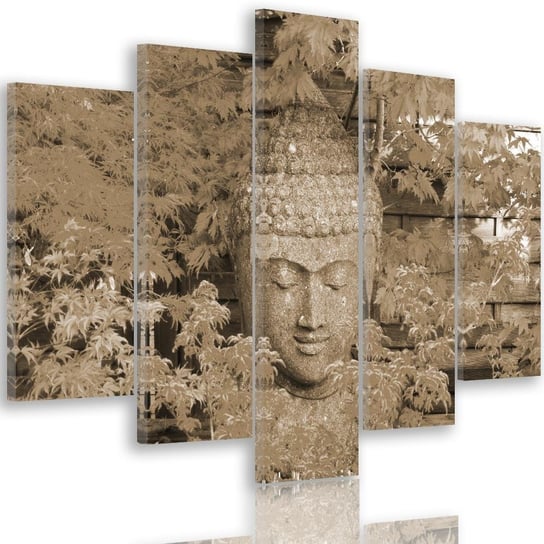 Obraz na płótnie Canvas FEEBY, pentaptyk typ A, Głowa Buddy między liśćmi 4, 150x100 cm Feeby