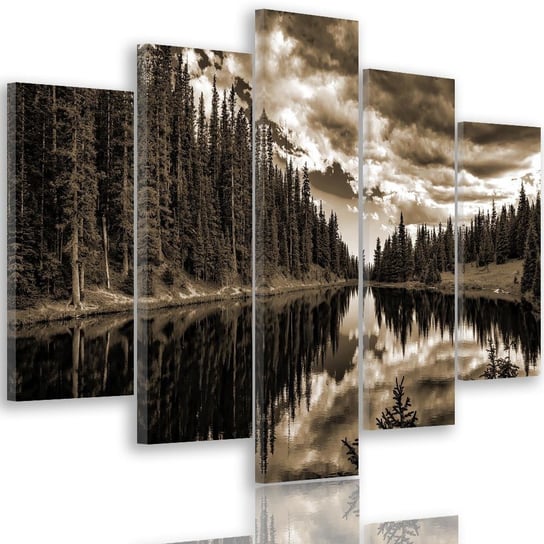 Obraz na płótnie Canvas FEEBY, pentaptyk typ A, Las nad górskim jeziorem 1, 250x120 cm Feeby