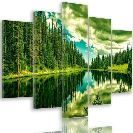 Obraz na płótnie Canvas FEEBY, pentaptyk typ A, Las nad górskim jeziorem 3, 100x70 cm Feeby