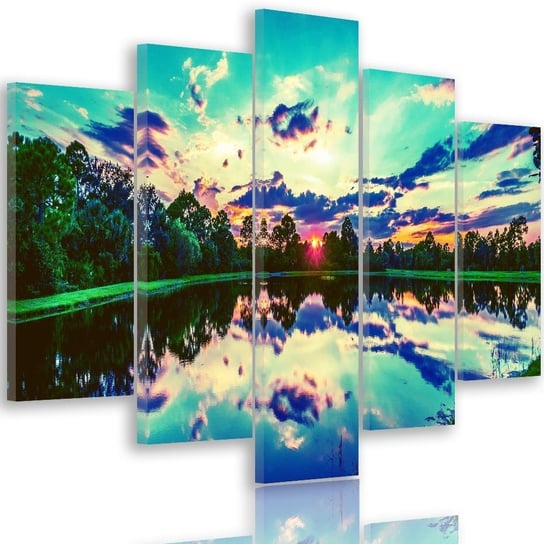 Obraz na płótnie Canvas FEEBY, pentaptyk typ A, Wschód słońca nad jeziorem 3, 100x70 cm Feeby