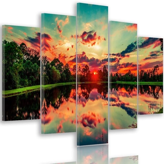 Obraz na płótnie Canvas FEEBY, pentaptyk typ A, Wschód słońca nad jeziorem 4, 100x70 cm Feeby