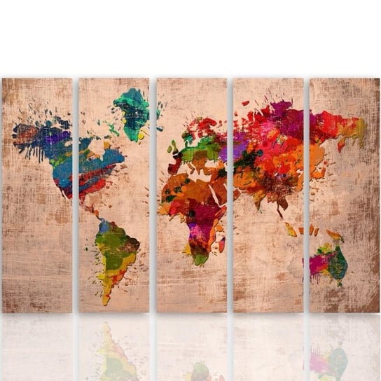 Obraz na płótnie Canvas FEEBY, pentaptyk typ C, Kolorowa mapa świata 4, 100x70 cm Feeby