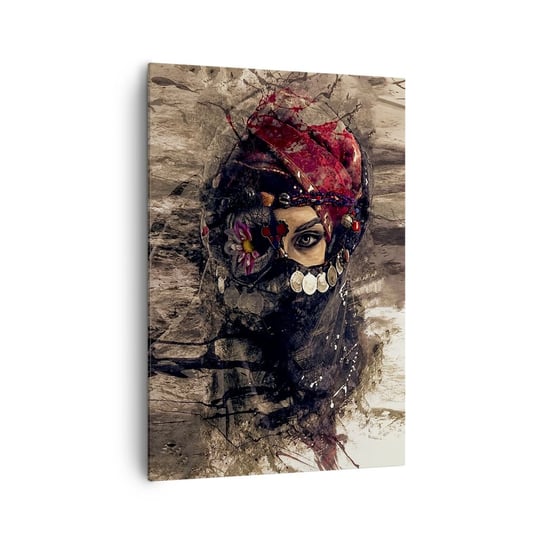 Obraz na płótnie - Co najmniej niepokojąca - 70x100cm - Abstrakcja Twarz Kobiety Orientalne Symbole - Nowoczesny foto obraz w ramie do salonu do sypialni ARTTOR ARTTOR