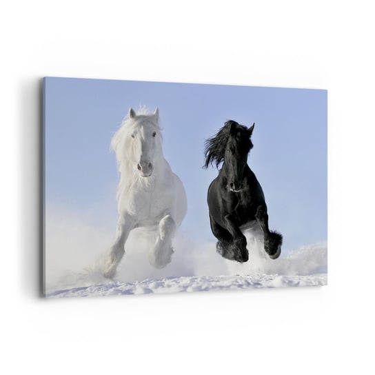 Obraz na płótnie - Czarno-biały galop - 100x70cm - Zwierzęta Koń Zima - Nowoczesny foto obraz w ramie do salonu do sypialni ARTTOR ARTTOR