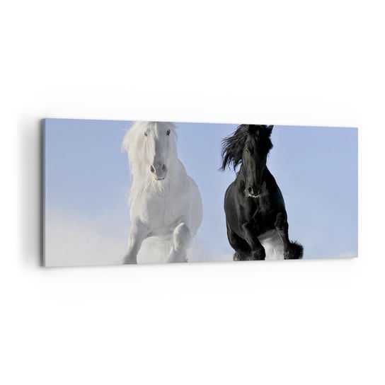 Obraz na płótnie - Czarno-biały galop - 120x50cm - Zwierzęta Koń Zima - Nowoczesny obraz na ścianę do salonu do sypialni ARTTOR ARTTOR