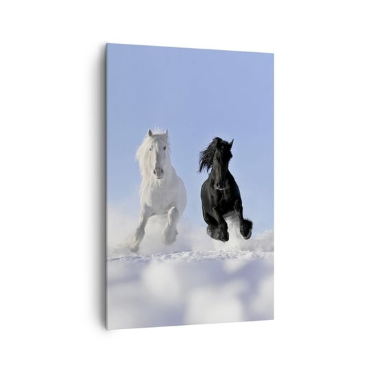 Obraz na płótnie - Czarno-biały galop - 80x120cm - Zwierzęta Koń Zima - Nowoczesny obraz na ścianę do salonu do sypialni ARTTOR ARTTOR
