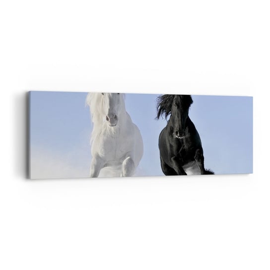 Obraz na płótnie - Czarno-biały galop - 90x30cm - Zwierzęta Koń Zima - Nowoczesny Canvas obraz do salonu do sypialni ARTTOR ARTTOR