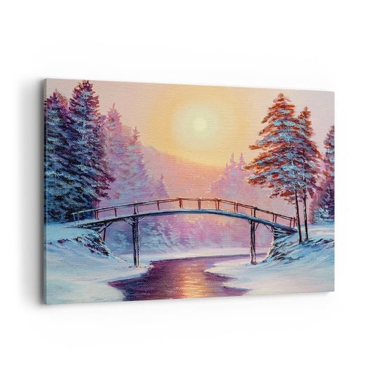 Obraz na płótnie - Cztery pory roku - zima - 120x80cm - Krajobraz Rzeka Most - Nowoczesny obraz na ścianę do salonu do sypialni ARTTOR ARTTOR