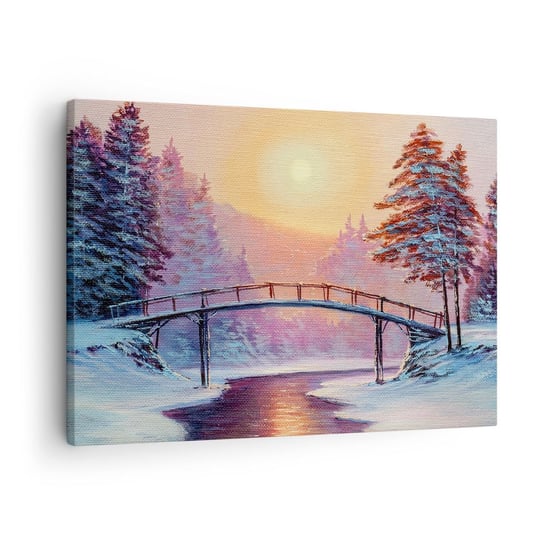 Obraz na płótnie - Cztery pory roku - zima - 70x50cm - Krajobraz Rzeka Most - Nowoczesny Canvas obraz do salonu do sypialni ARTTOR ARTTOR