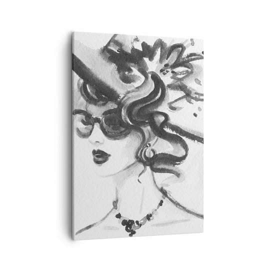Obraz na płótnie - Dama z charakterem - 50x70cm - Kobieta W Kapeluszu Twarz Kobiety Czarno-Biały - Nowoczesny Canvas obraz do salonu do sypialni ARTTOR ARTTOR
