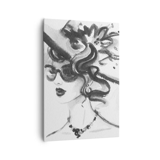 Obraz na płótnie - Dama z charakterem - 70x100cm - Kobieta W Kapeluszu Twarz Kobiety Czarno-Biały - Nowoczesny foto obraz w ramie do salonu do sypialni ARTTOR ARTTOR