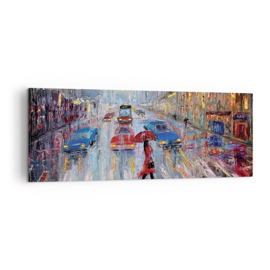 Obraz na płótnie - Deszczowe popołudnie w mieście - 140x50cm - Miasto Architektura Spacer W Deszczu - Nowoczesny Canvas obraz do salonu do sypialni ARTTOR ARTTOR