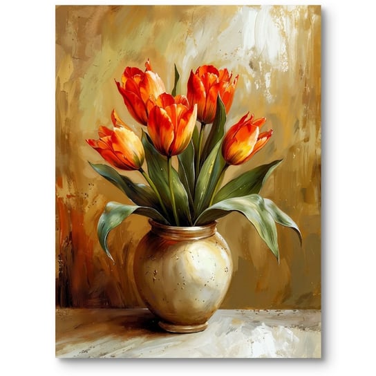 Obraz na płótnie do salonu martwa natura kwiaty tulipany pomarańczowo-zielony 40x50 cm MieszkoMieszko