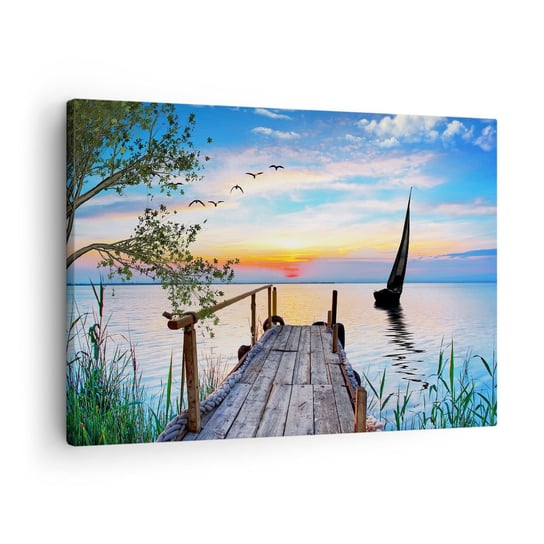 Obraz na płótnie - Dobry wieczór - 70x50cm - Krajobraz Jezioro Drewniany Pomost - Nowoczesny Canvas obraz do salonu do sypialni ARTTOR ARTTOR