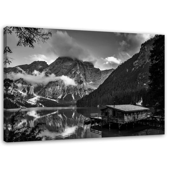 Obraz na płótnie, Domek nad górskim jeziorem - czarno-biały - 100x70 Inna marka