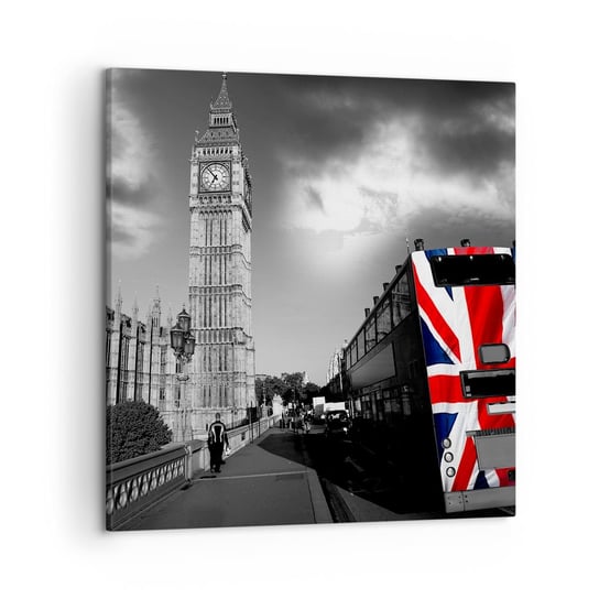 Obraz na płótnie - Dumna i wielka - 50x50 cm - Obraz nowoczesny - Miasto, Londyn, Londyński Autobus, Flaga, Big Ben - AC50x50-2670 ARTTOR
