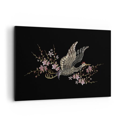 Obraz na płótnie - Egzotyczny, haftowany ptak - 120x80cm - Ptak Grafika Kwiaty - Nowoczesny obraz na ścianę do salonu do sypialni ARTTOR ARTTOR