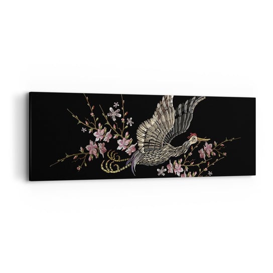 Obraz na płótnie - Egzotyczny, haftowany ptak - 90x30cm - Ptak Grafika Kwiaty - Nowoczesny Canvas obraz do salonu do sypialni ARTTOR ARTTOR