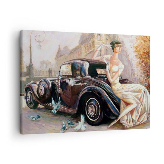 Obraz na płótnie - Elegancja w stylu retro - 70x50cm - Samochód Retro Kobieta Pałac - Nowoczesny Canvas obraz do salonu do sypialni ARTTOR ARTTOR