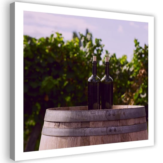 Obraz na płótnie FEEBY, Butelki wina i drewniana beczka 40x40 Feeby