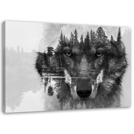 Obraz na płótnie FEEBY, Czarny wilk na tle lasu i jeziora abstrakcja 60x40 Feeby