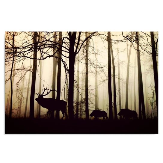 Obraz na płótnie FEEBY, Jeleń w Lesie Mgła brązowy 100x70 Feeby