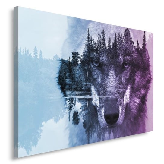 Obraz na płótnie FEEBY, Wilk na tle lasu - fioletowy nowoczesny 120x80 Feeby