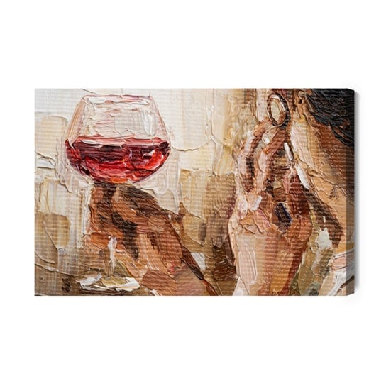 Obraz Na Płótnie Fragment Of Artwork Where Beautiful Attractive Young Woman Holding A Glass Of Red Wine. Oil Painting On Canvas. NC Inna marka