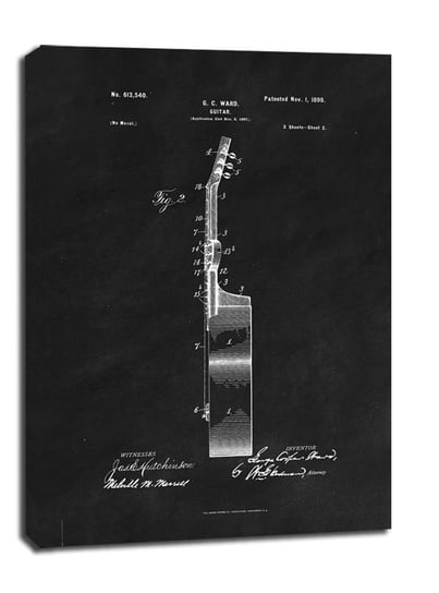 Obraz na płótnie, GALERIA PLAKATU, Patent GC Ward Gitara Projekt z 1898, czarny, 50x70 cm Galeria Plakatu