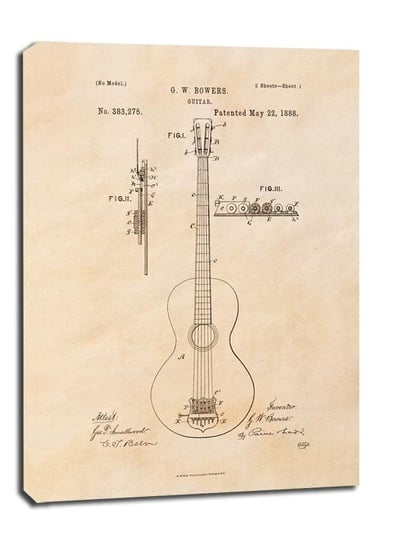 Obraz na płótnie, GALERIA PLAKATU, Patent GW Bowers Gitara Projekt z 1888, sepia, 50x70 cm Galeria Plakatu
