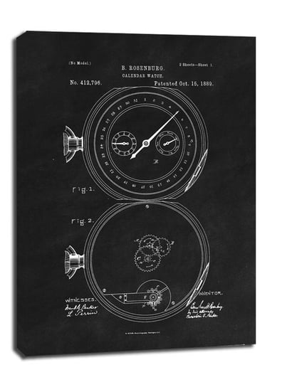 Obraz na płótnie, GALERIA PLAKATU, Patent Zegarek z Kalendarzem Projekt z 1889, black, 20x30 cm Galeria Plakatu