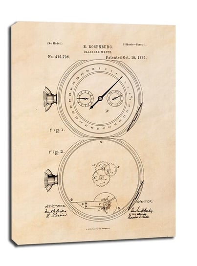 Obraz na płótnie, GALERIA PLAKATU, Patent Zegarek z Kalendarzem Projekt z 1889, sepia, 30x40 cm Galeria Plakatu
