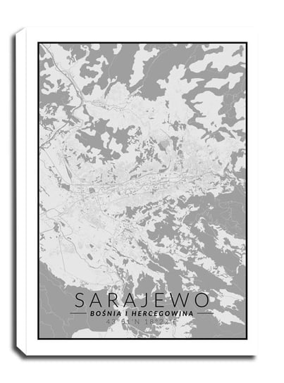 Obraz na płótnie, GALERIA PLAKATU, Sarajewo mapa czarno biała, 50x70 cm Galeria Plakatu