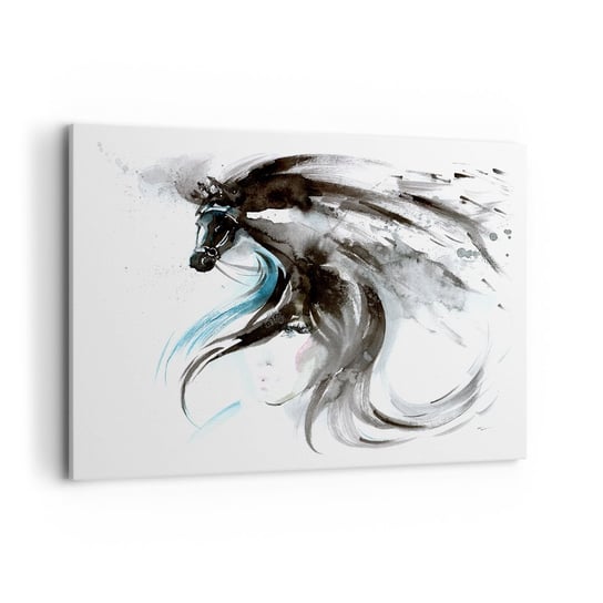 Obraz na płótnie - Galop Czarnego Księcia - 100x70cm - Zwierzęta Koń Grafika - Nowoczesny foto obraz w ramie do salonu do sypialni ARTTOR ARTTOR