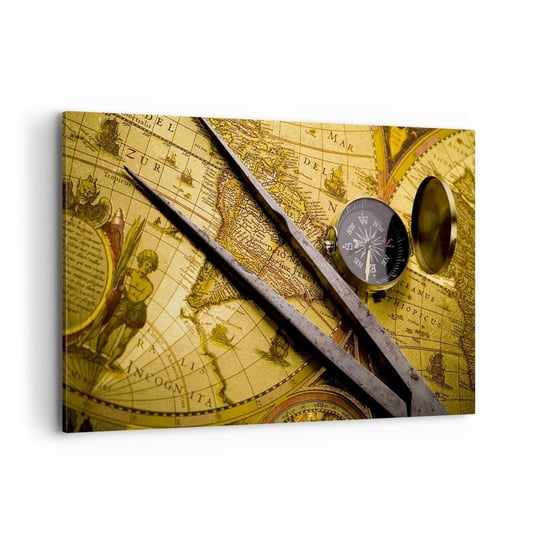 Obraz na płótnie - Gdze te skarby? - 120x80cm - Kompas Mapa Świata Podróże - Nowoczesny obraz na ścianę do salonu do sypialni ARTTOR ARTTOR