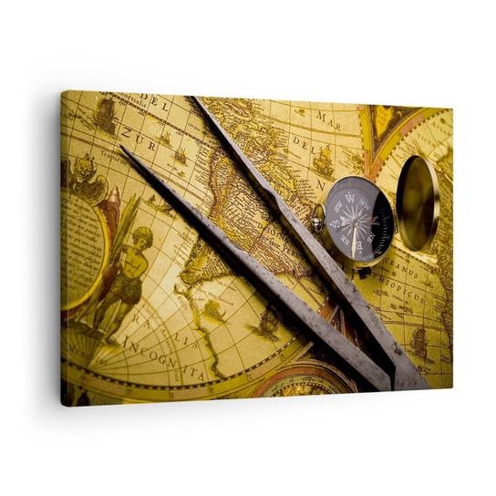 Obraz na płótnie - Gdze te skarby? - 70x50cm - Kompas Mapa Świata Podróże - Nowoczesny Canvas obraz do salonu do sypialni ARTTOR ARTTOR