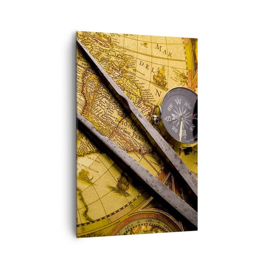 Obraz na płótnie - Gdze te skarby? - 80x120cm - Kompas Mapa Świata Podróże - Nowoczesny obraz na ścianę do salonu do sypialni ARTTOR ARTTOR