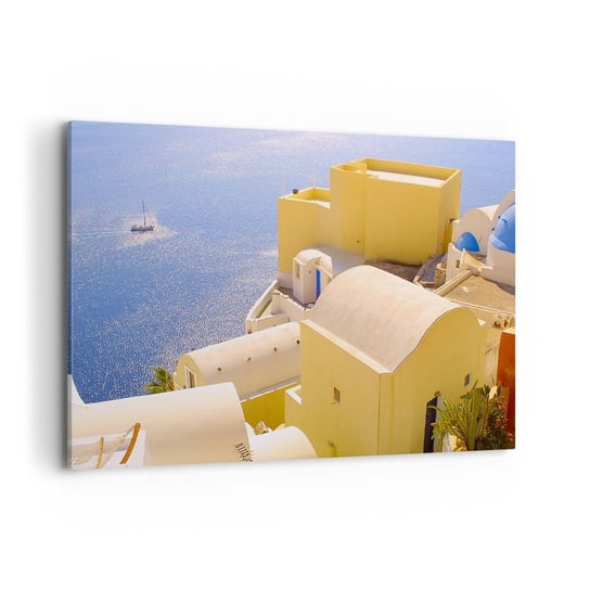 Obraz na płótnie - Grecki pejzaż w bieli i błękicie - 100x70cm - Krajobraz Santorini Grecja - Nowoczesny foto obraz w ramie do salonu do sypialni ARTTOR ARTTOR