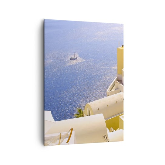 Obraz na płótnie - Grecki pejzaż w bieli i błękicie - 50x70cm - Krajobraz Santorini Grecja - Nowoczesny Canvas obraz do salonu do sypialni ARTTOR ARTTOR