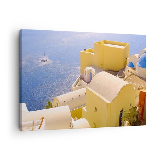 Obraz na płótnie - Grecki pejzaż w bieli i błękicie - 70x50cm - Krajobraz Santorini Grecja - Nowoczesny Canvas obraz do salonu do sypialni ARTTOR ARTTOR