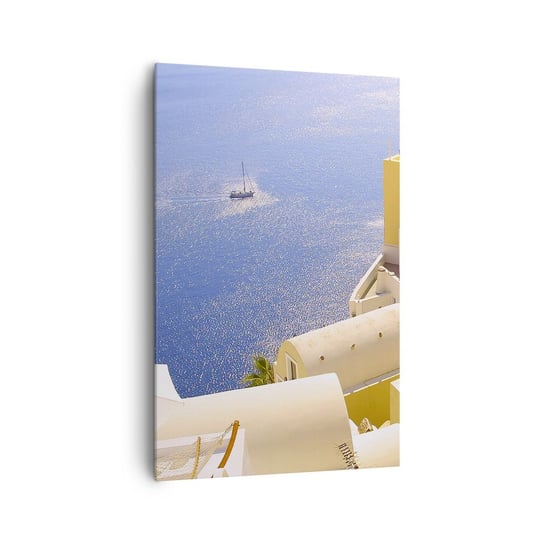 Obraz na płótnie - Grecki pejzaż w bieli i błękicie - 80x120cm - Krajobraz Santorini Grecja - Nowoczesny obraz na ścianę do salonu do sypialni ARTTOR ARTTOR