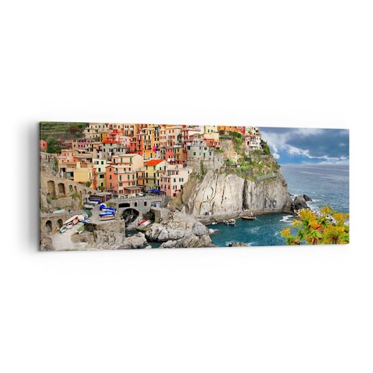 Obraz na płótnie - Gromadka przytulona do skał - 140x50cm - Krajobraz Architektura Włochy - Nowoczesny Canvas obraz do salonu do sypialni ARTTOR ARTTOR