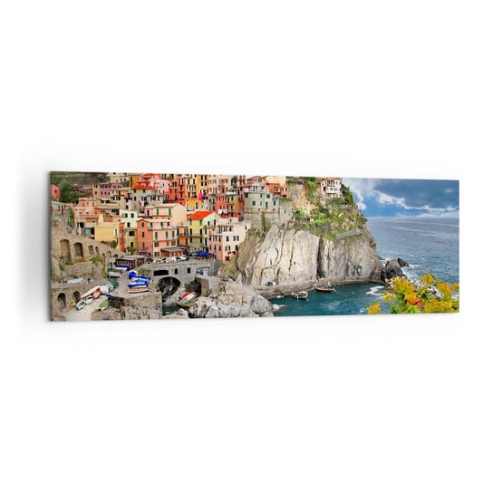 Obraz na płótnie - Gromadka przytulona do skał - 160x50cm - Krajobraz Architektura Włochy - Nowoczesny foto obraz w ramie do salonu do sypialni ARTTOR ARTTOR